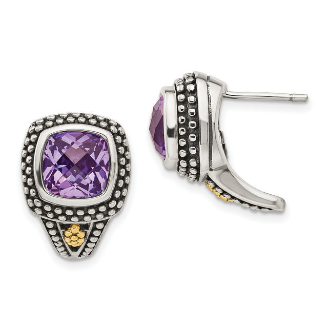 14k Yellow Gold Earrings with Amethyst, Two-Tone Studs with Oxidized Beaded Detail, Modern Vintage Style