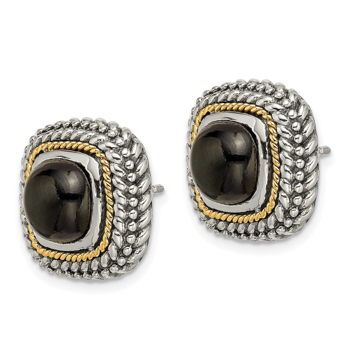 14k Yellow Gold Stud Earrings with Black Onyx, Cushion Shape, Rope and Beaded Edge, Two-Tone Design