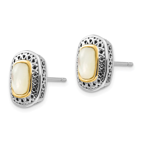 14k Two-Tone Yellow Gold Stud Earrings with Mother of Pearl, Vintage Filigree Design
