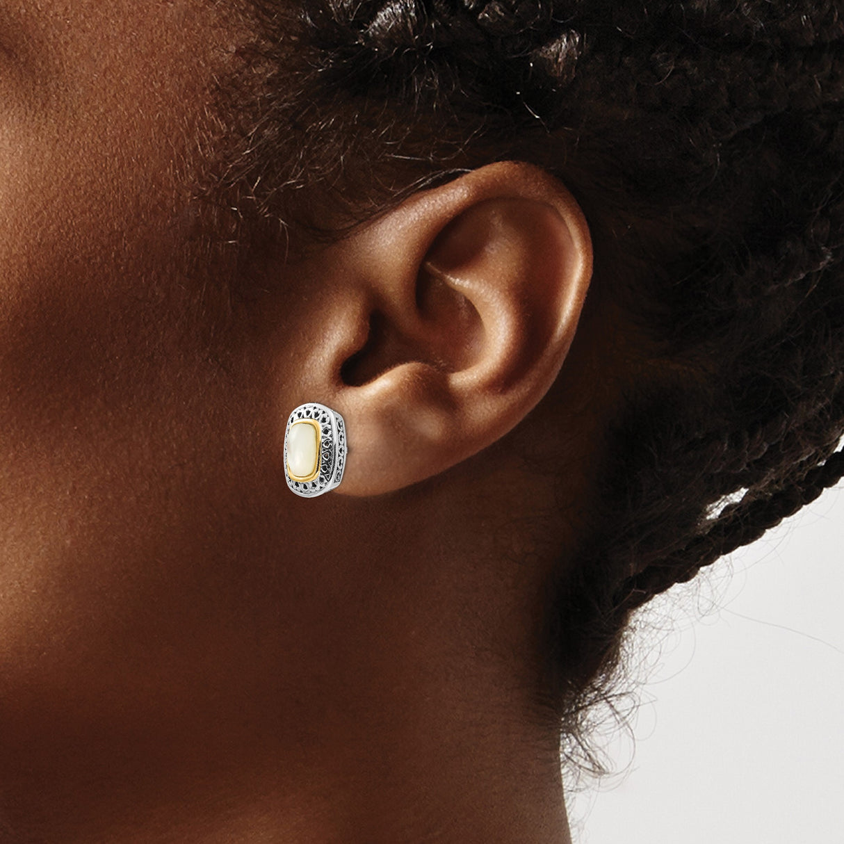 14k Two-Tone Yellow Gold Stud Earrings with Mother of Pearl, Vintage Filigree Design