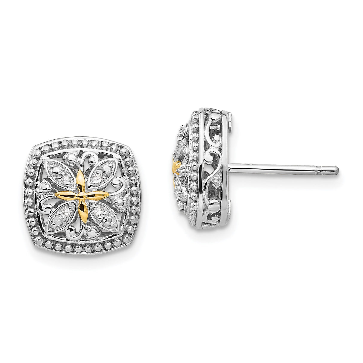 Sterling Silver and 14k Yellow Gold Floral Stud Earrings with Diamond Accents, Vintage Inspired