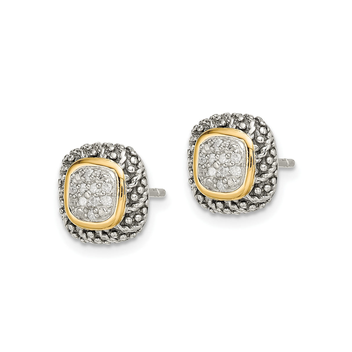14k Two-Tone Yellow Gold Cushion Stud Earrings with Diamond Cluster, Vintage Style