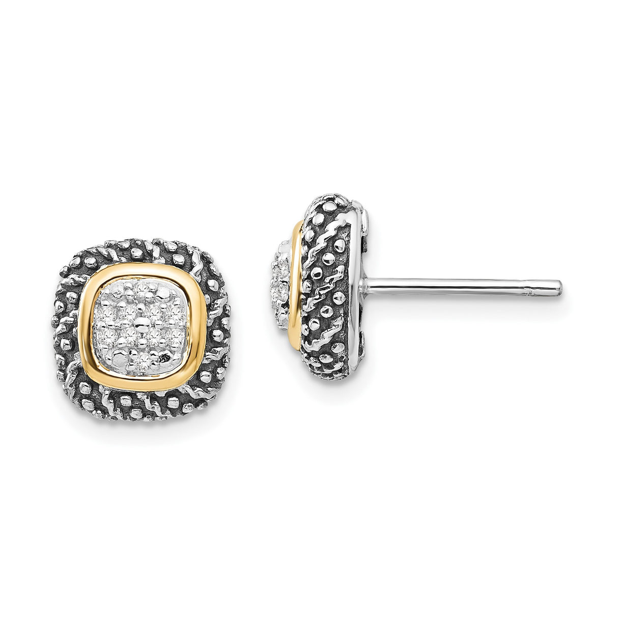 14k Yellow Gold and Sterling Silver Cushion Stud Earrings with Diamond Cluster, Vintage Style
