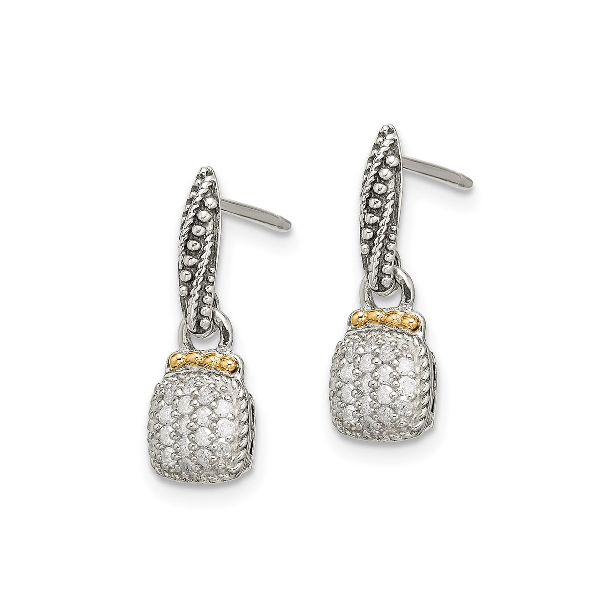 14k Two-Tone Yellow Gold Drop Earrings with Diamond Pavé, Textured Vintage-Inspired Design