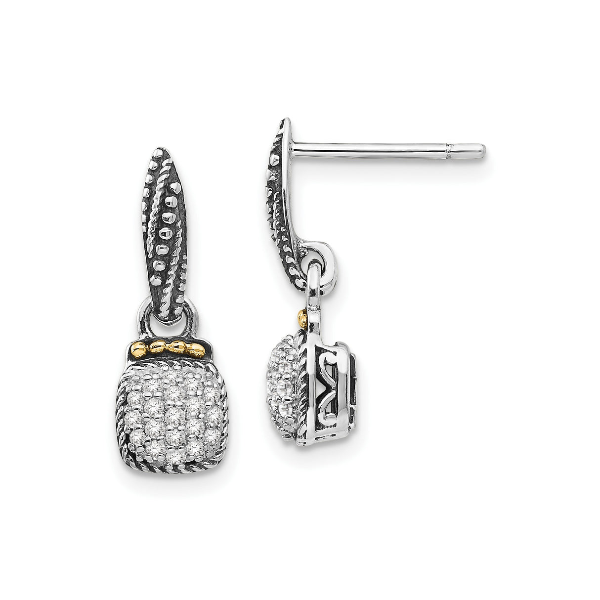 14k Yellow Gold and Sterling Silver Drop Earrings with Diamond Pavé, Textured Vintage-Inspired Design