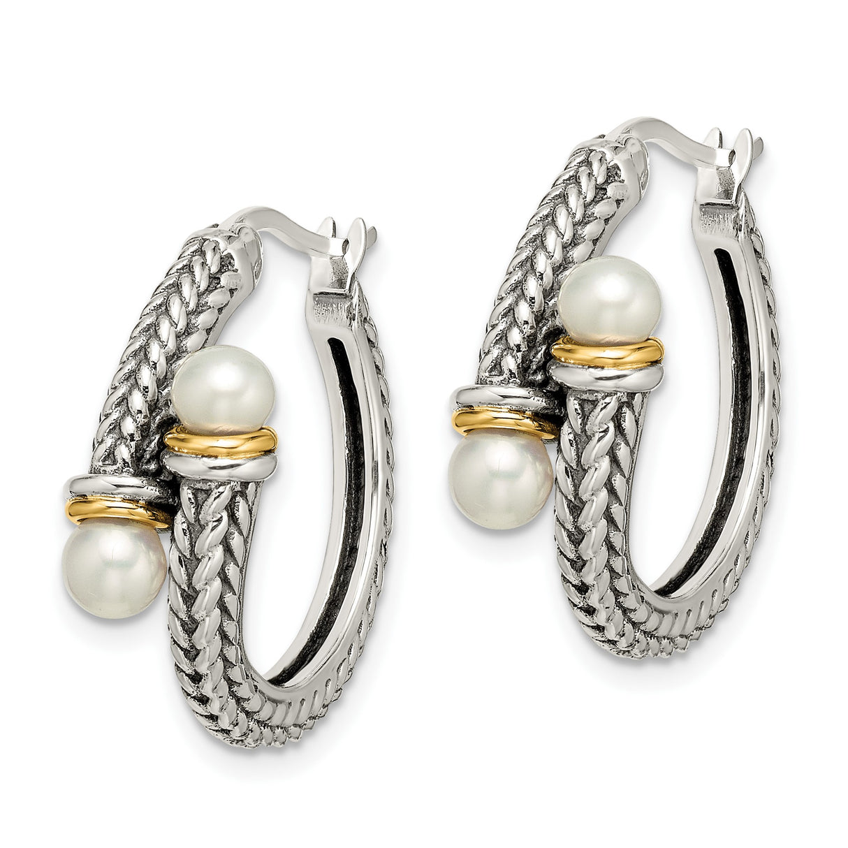 14k Two-Tone Yellow Gold Hoop Earrings with Cultured Pearl and Braided Rope Design