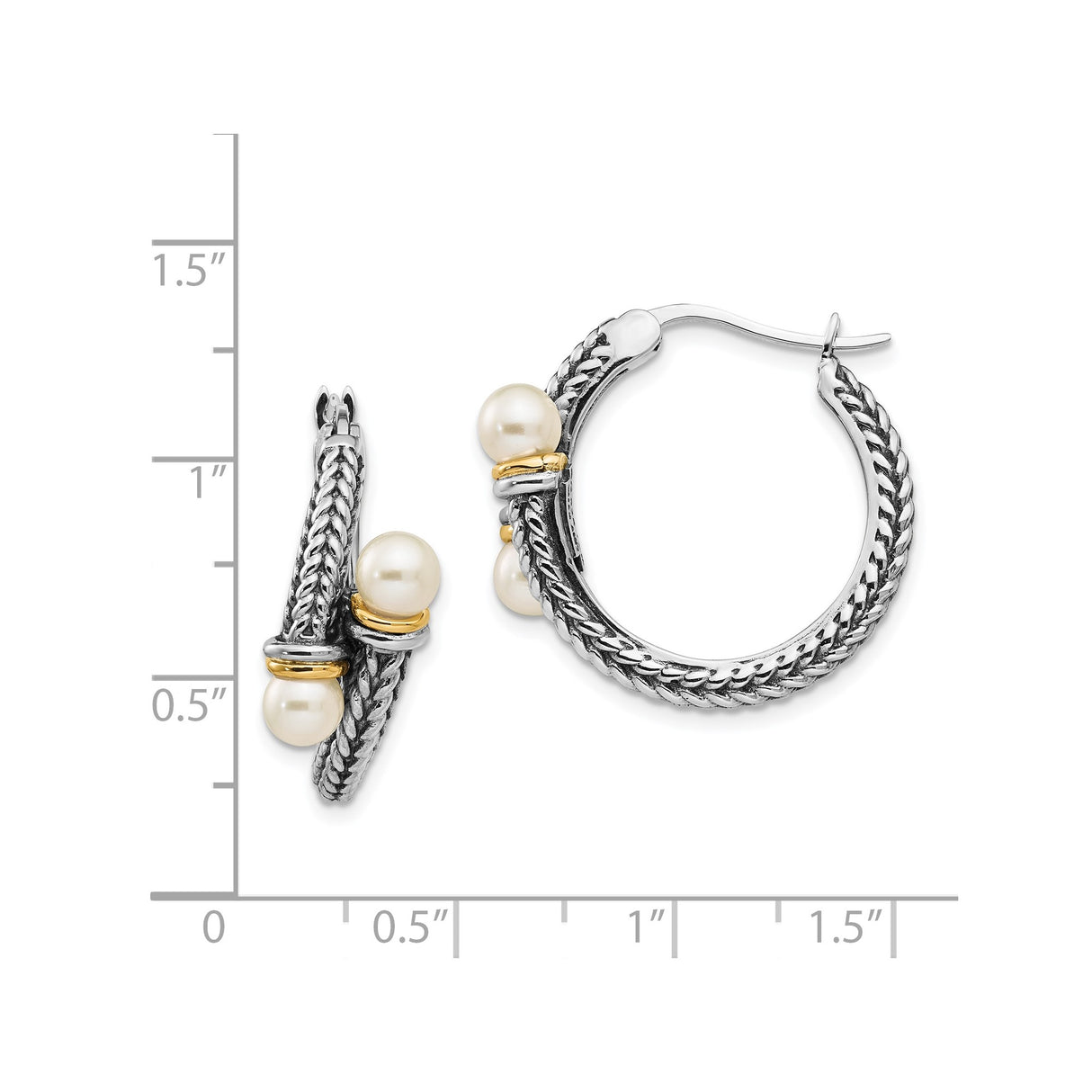 14k Two-Tone Yellow Gold Hoop Earrings with Cultured Pearl and Braided Rope Design