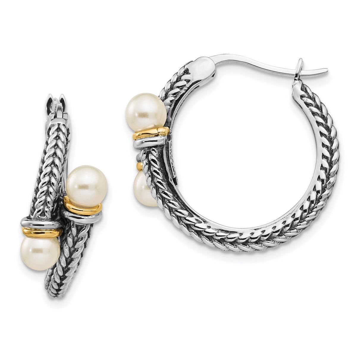 14k Yellow Gold and Sterling Silver Hoop Earrings with Cultured Pearl and Braided Rope Design
