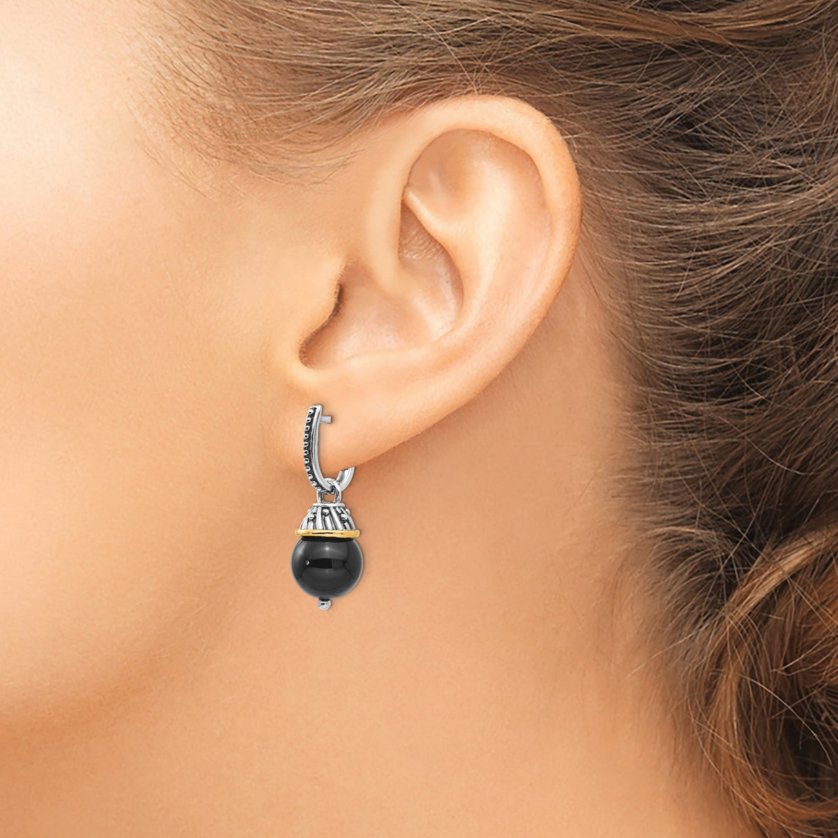 14k Two-Tone Yellow Gold Dangle Earrings with Black Onyx Beads, Beaded Drop Design