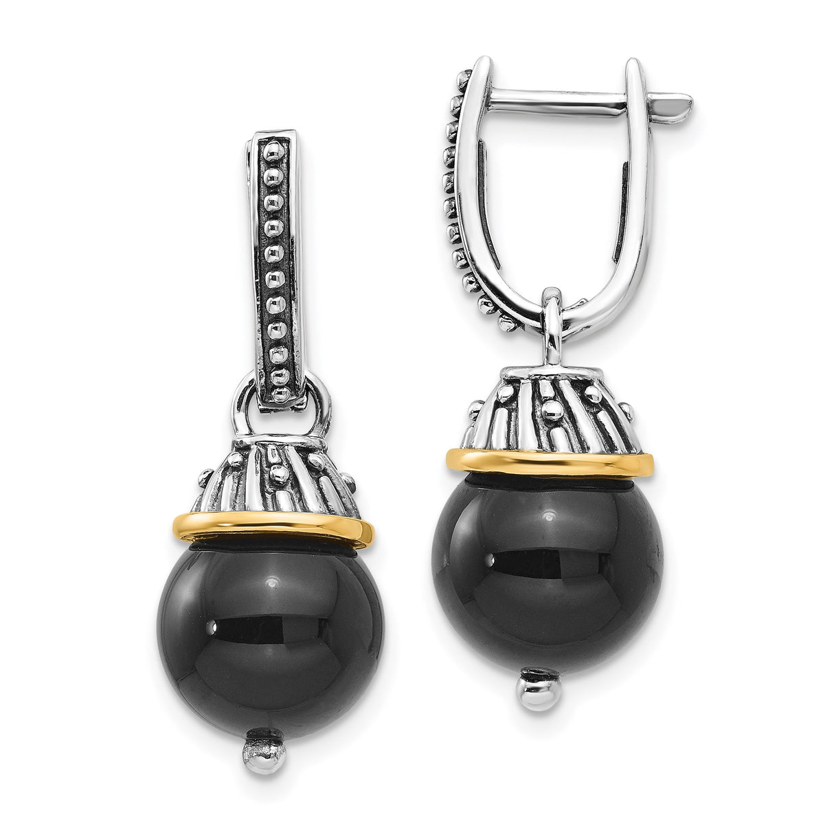 14k Yellow Gold and Sterling Silver Dangle Earrings with Black Onyx Beads, Beaded Drop Design