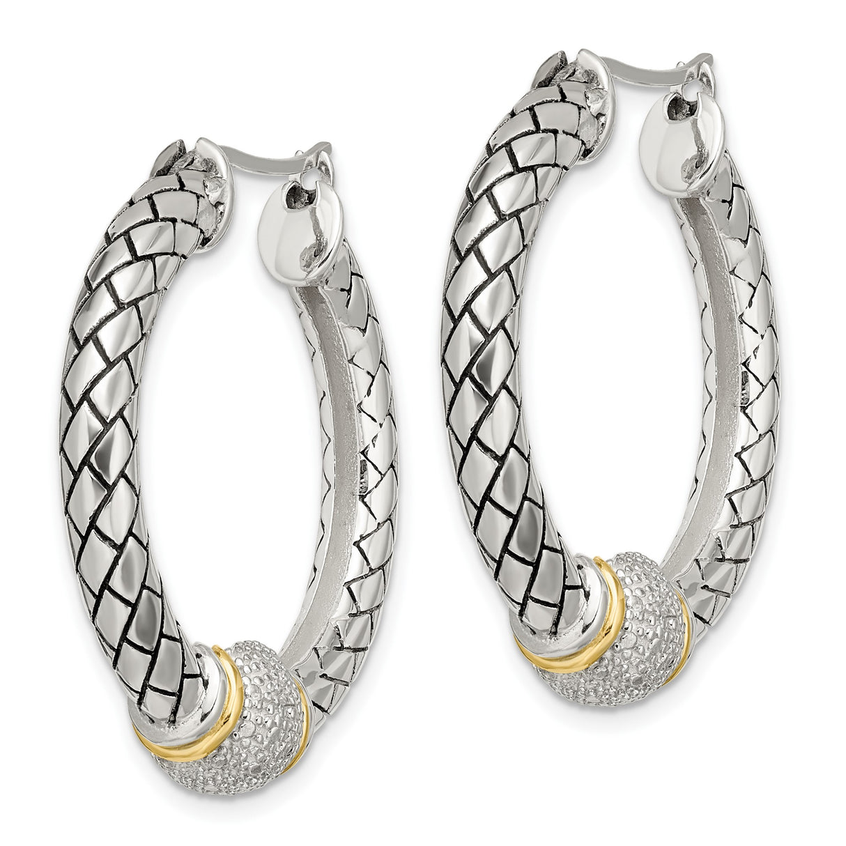 14k Yellow Gold Hoop Earrings with Diamond Pavé Center Bead and Braided Two-Tone Design
