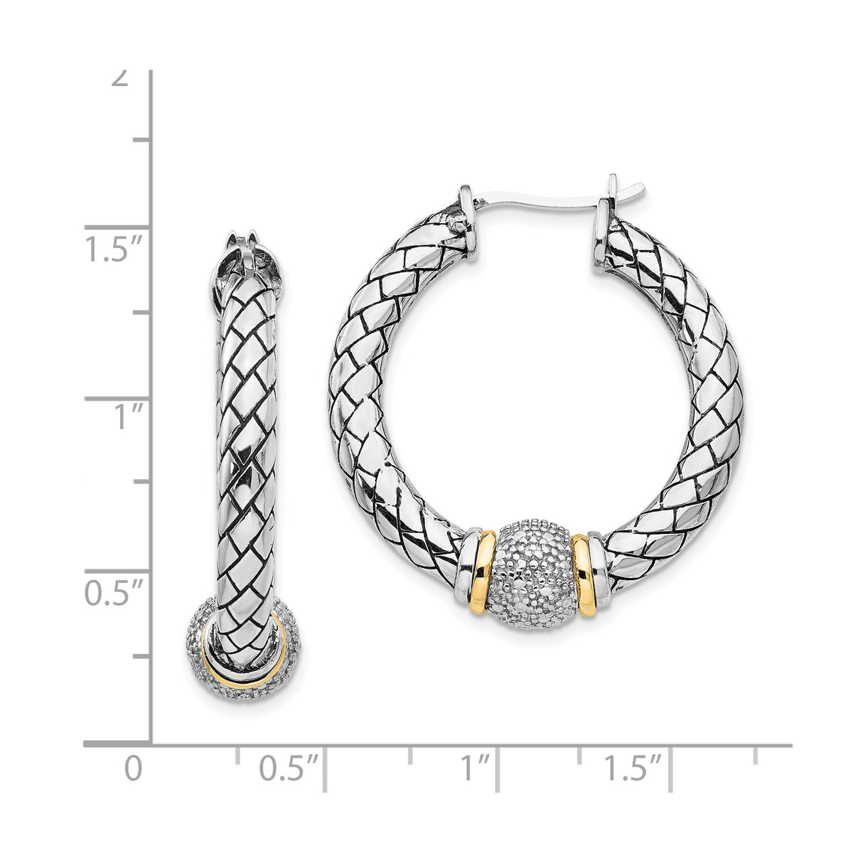 14k Yellow Gold Hoop Earrings with Diamond Pavé Center Bead and Braided Two-Tone Design