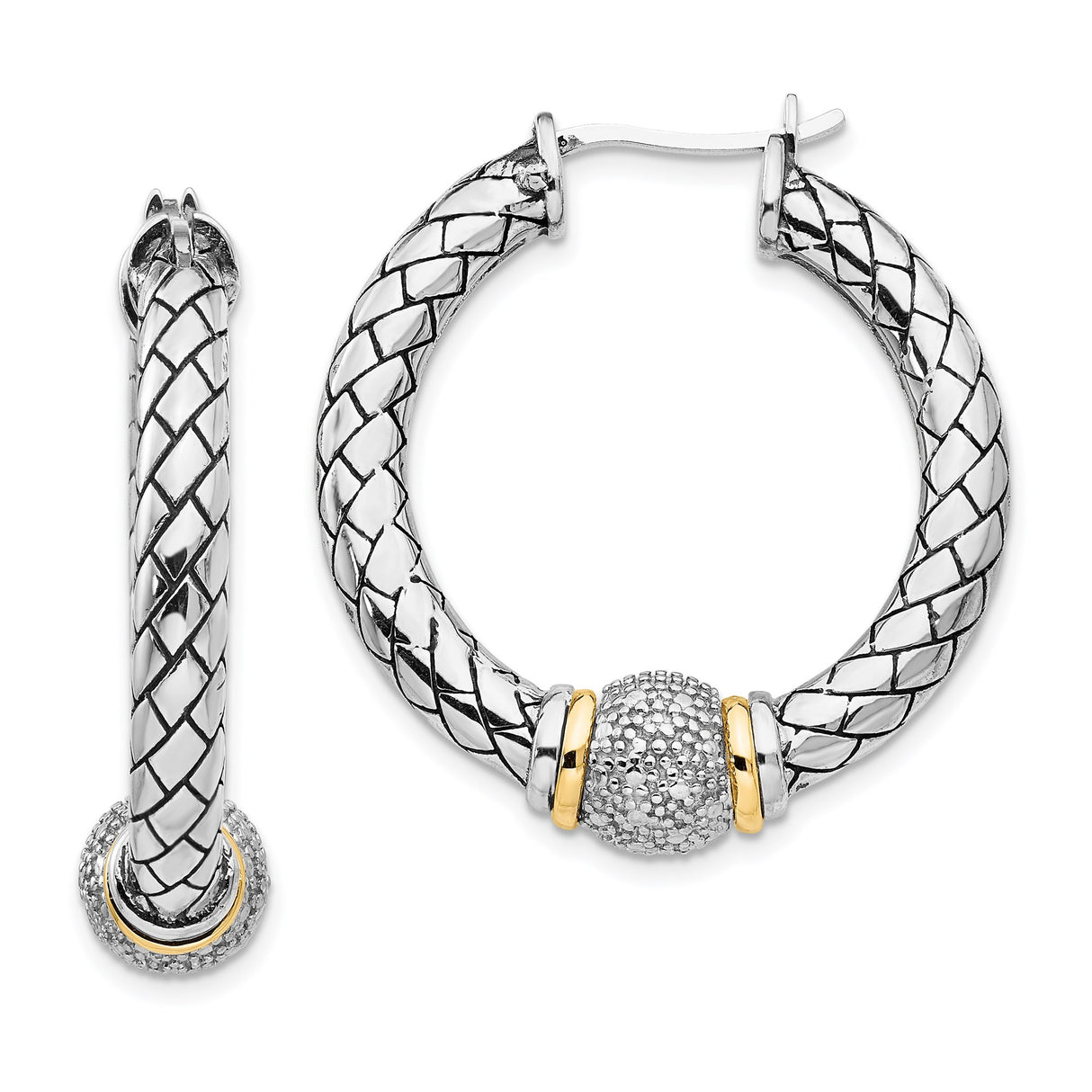 14k Yellow Gold Hoop Earrings with Diamond Pavé Center Bead and Braided Two-Tone Design