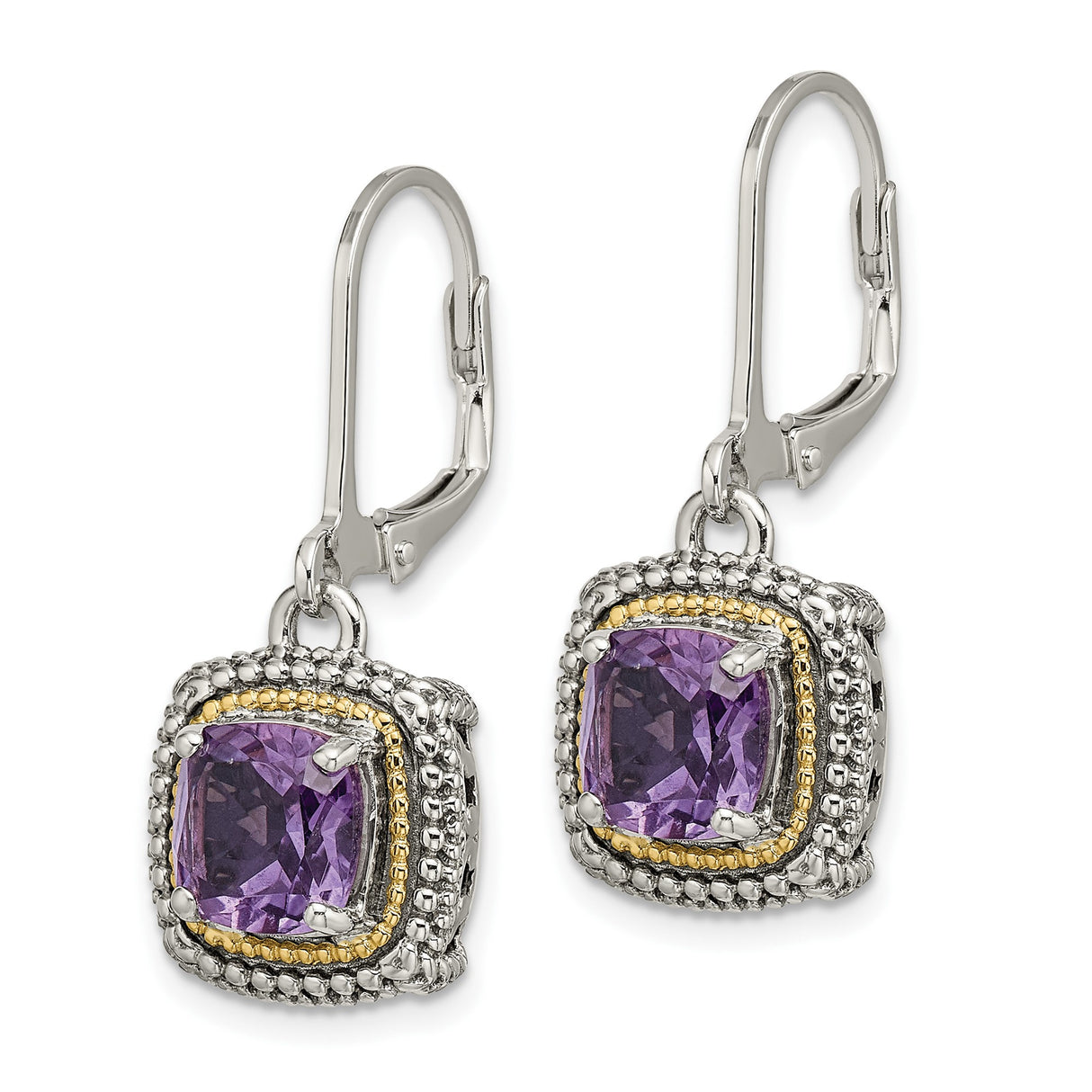 14k Two-Tone Yellow Gold Dangle Earrings with Amethyst, Vintage Inspired Design