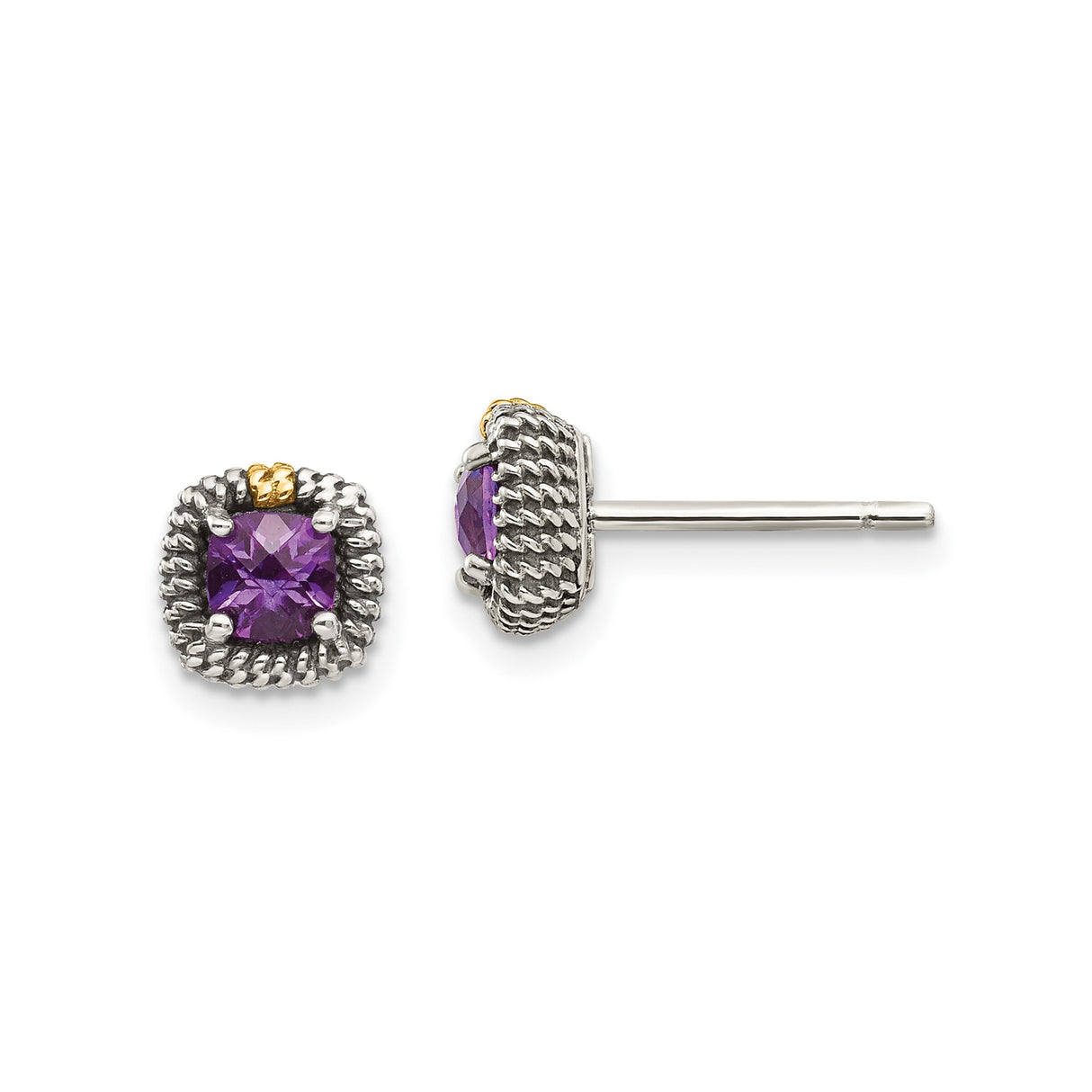 14k Yellow Gold and Sterling Silver Amethyst Stud Earrings, Cushion Cut with Rope Frame