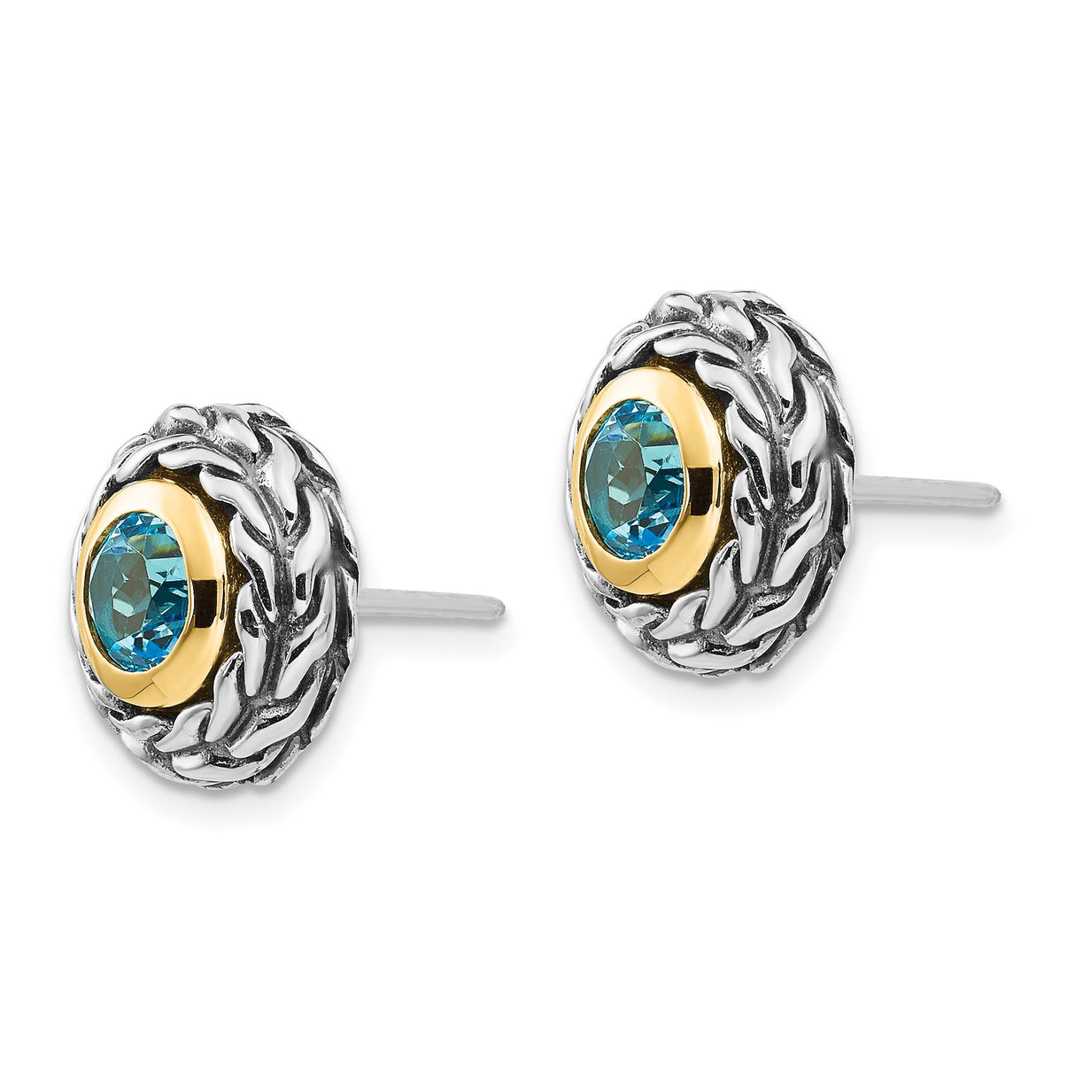 14k Yellow Gold Stud Earrings with Swiss Blue Topaz, Braided Rope Border, Two-Tone Design
