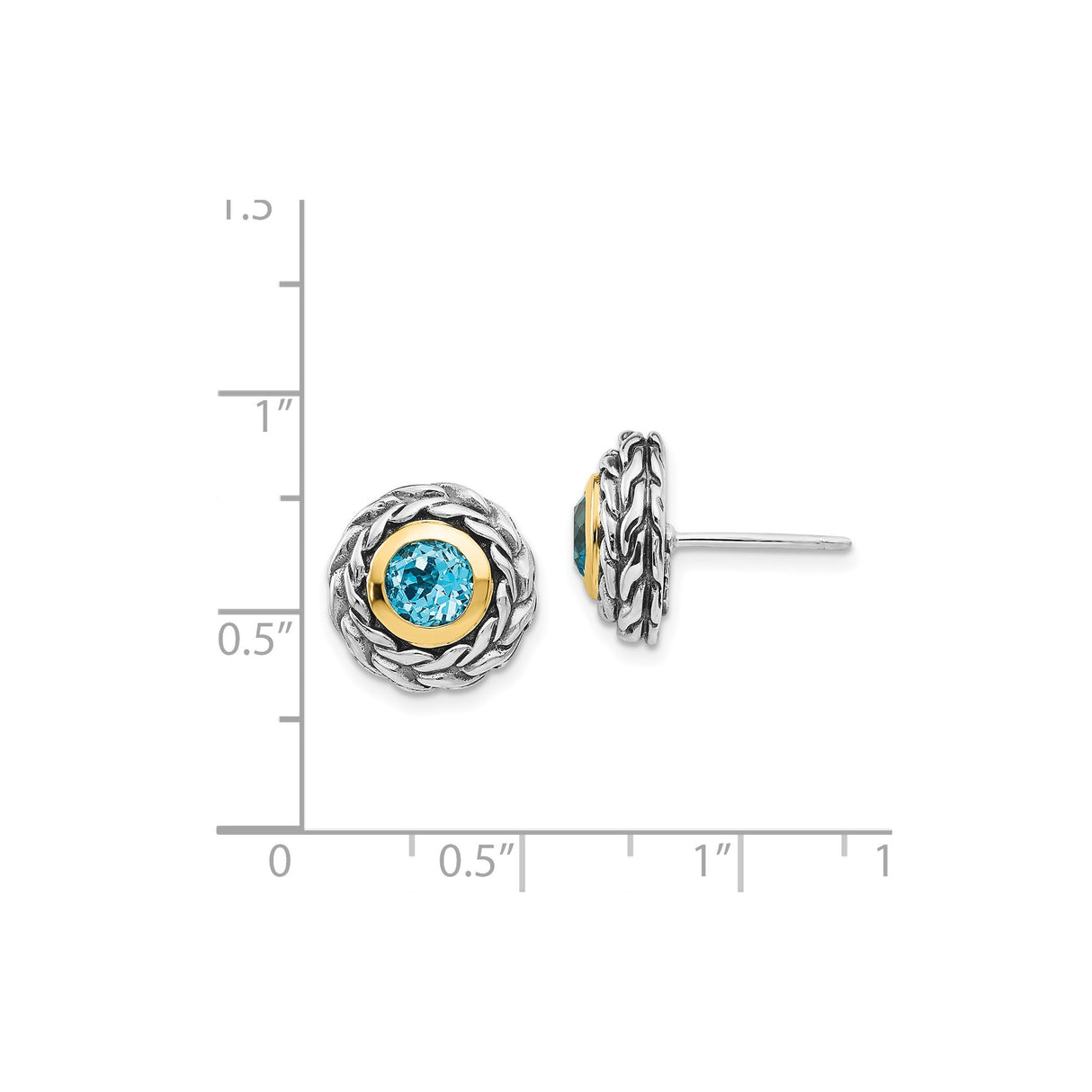 14k Yellow Gold Stud Earrings with Swiss Blue Topaz, Braided Rope Border, Two-Tone Design