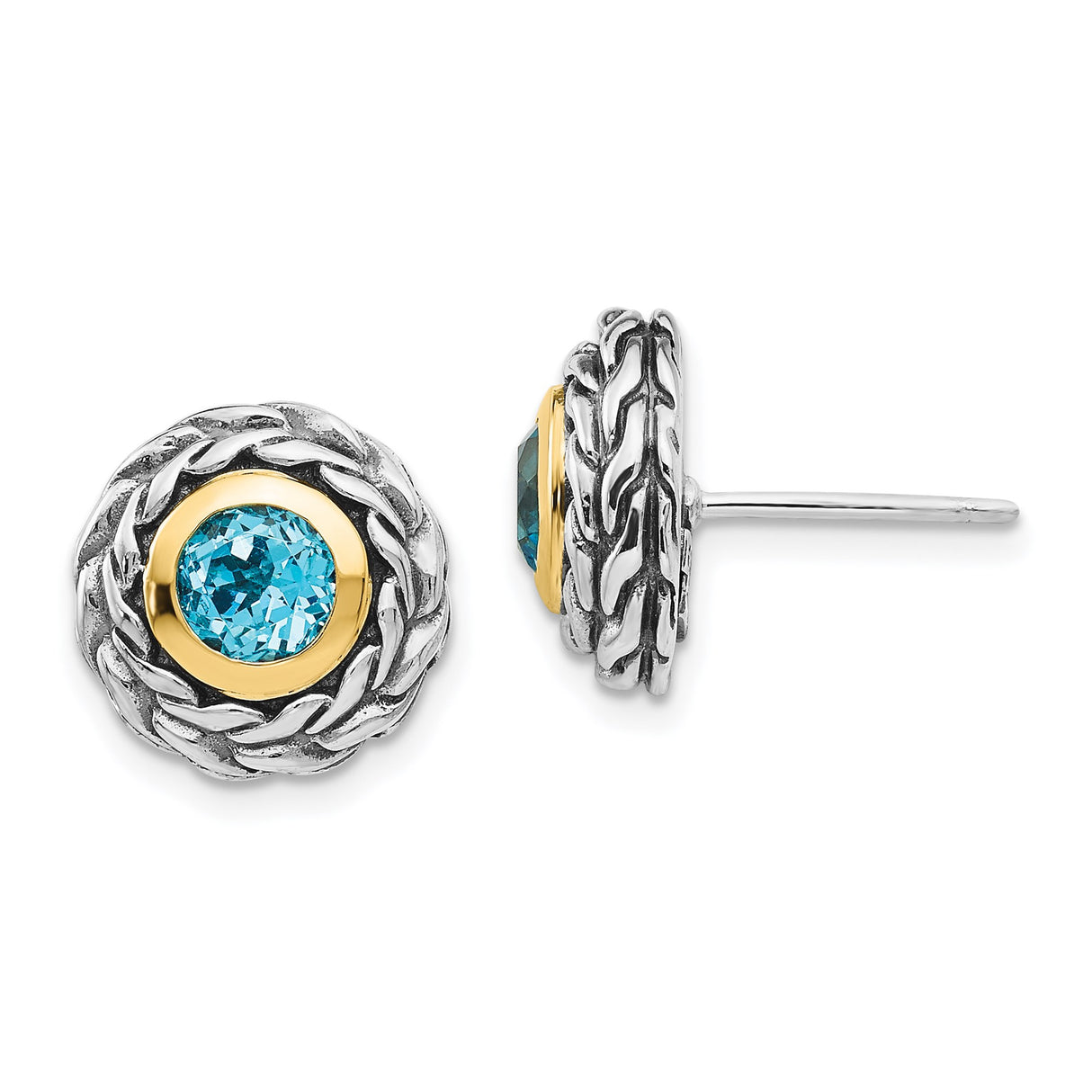 14k Yellow Gold Stud Earrings with Swiss Blue Topaz, Braided Rope Border, Two-Tone Design
