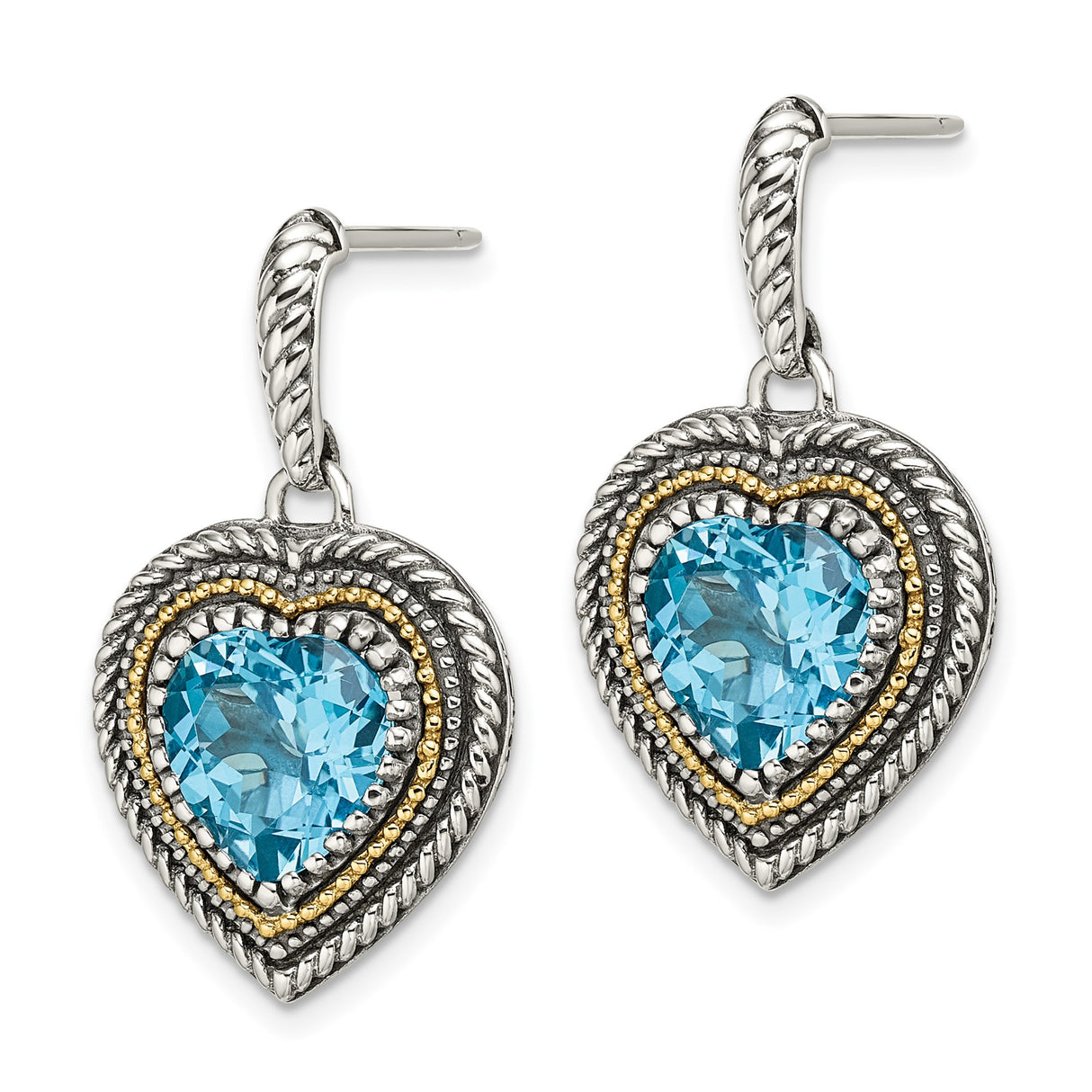 14k Two-Tone Yellow Gold Heart Dangle Earrings with Swiss Blue Topaz and Scrollwork