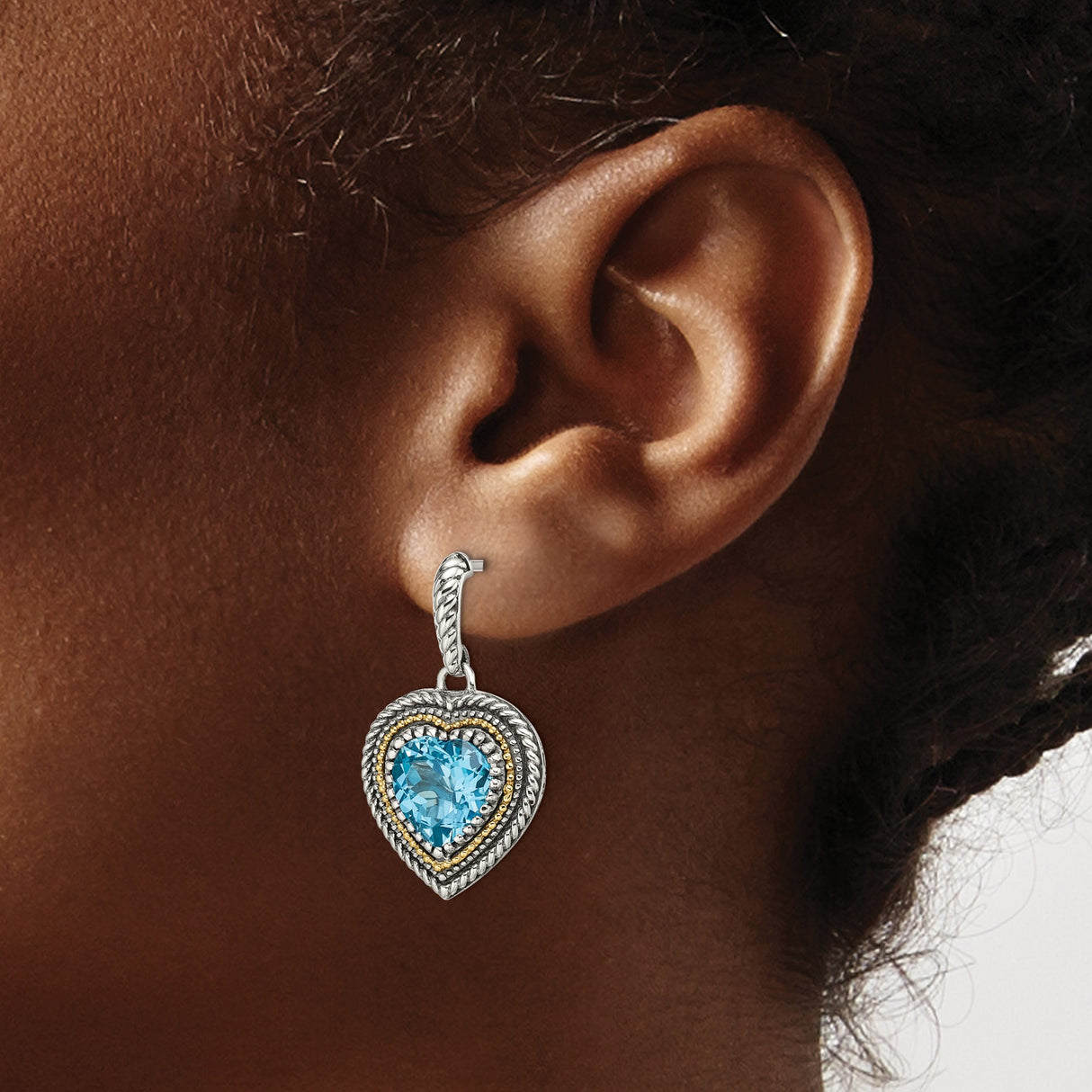 14k Two-Tone Yellow Gold Heart Dangle Earrings with Swiss Blue Topaz and Scrollwork