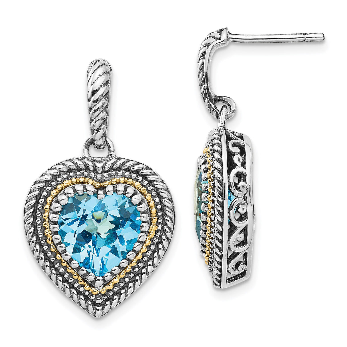 14k Yellow Gold and Sterling Silver Heart Dangle Earrings with Swiss Blue Topaz and Scrollwork