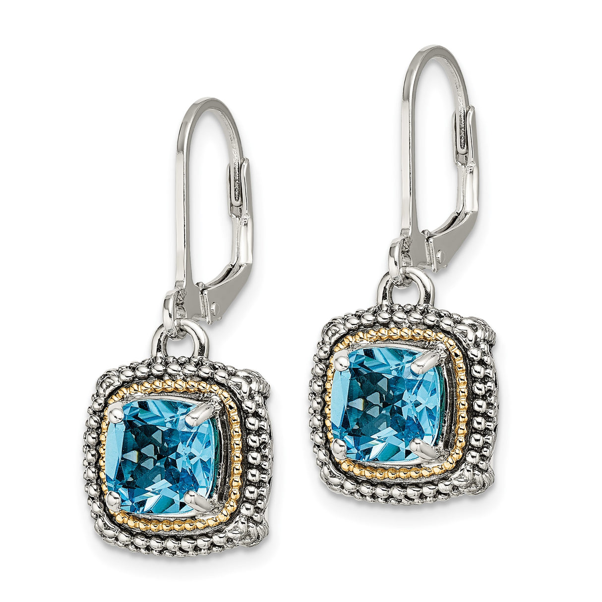 14k Two-Tone Gold and Sterling Silver Dangle Earrings with Blue Topaz, Vintage Beaded Design
