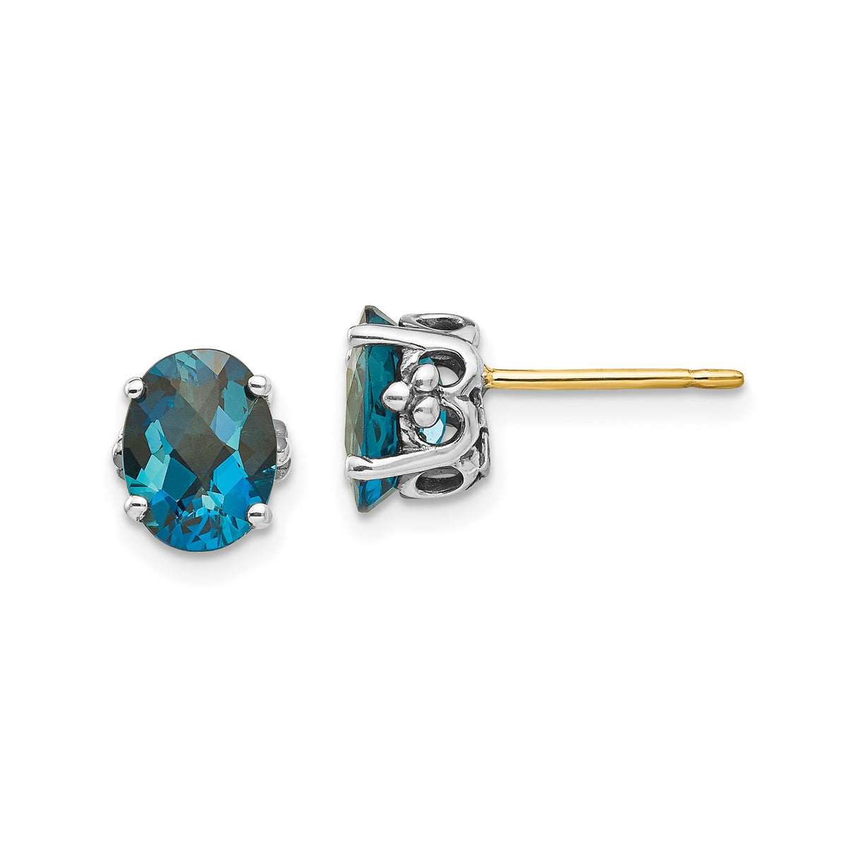14k Yellow Gold and Sterling Silver Stud Earrings with London Blue Topaz, Floral Crown Setting
