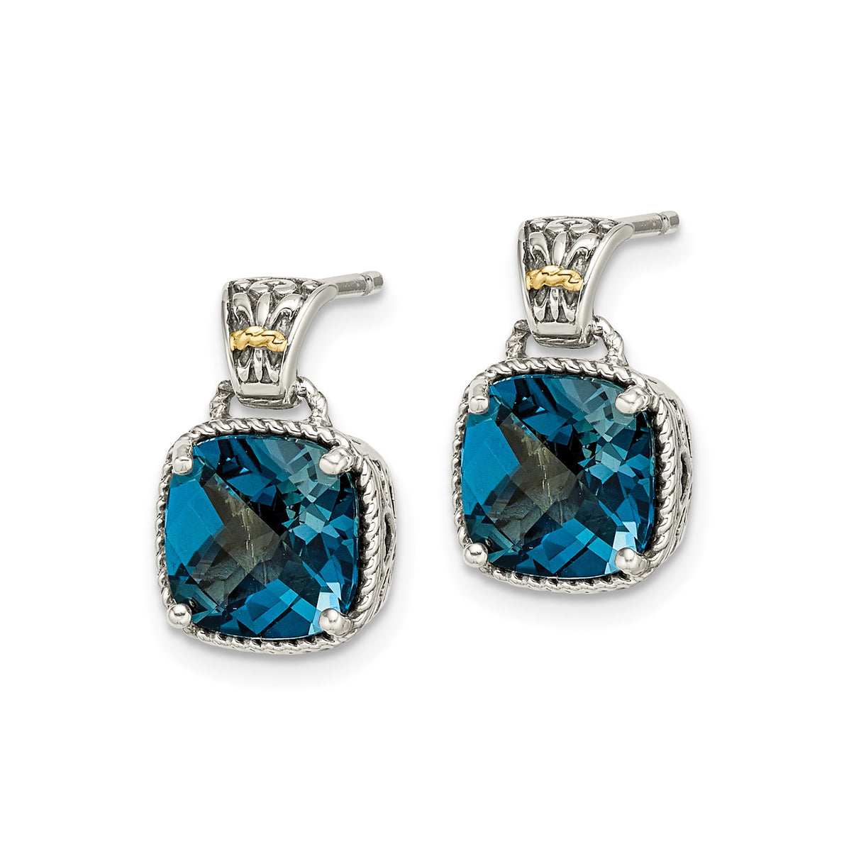 14k Yellow Gold Dangle Earrings with London Blue Topaz, Heart Filigree, Vintage Style