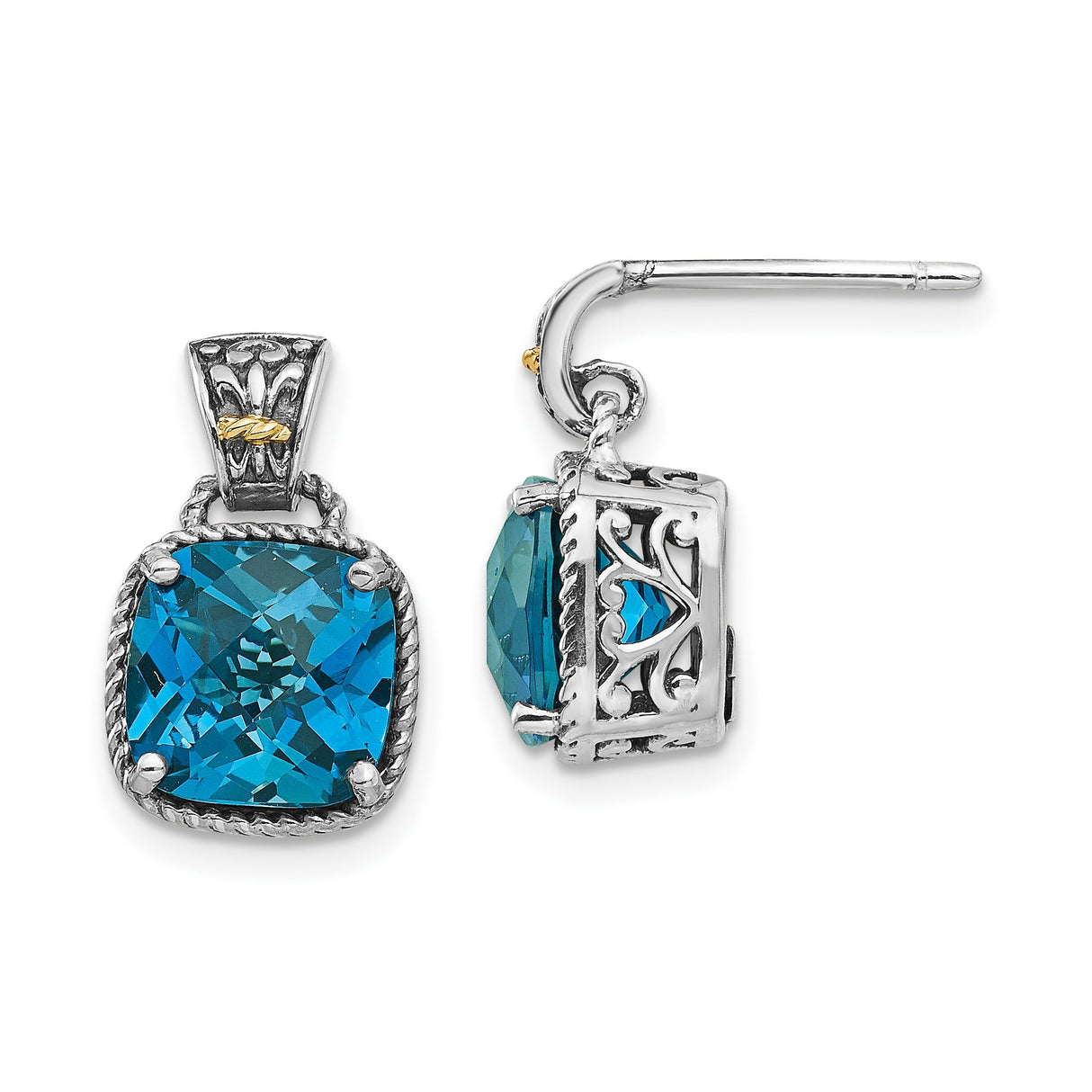 14k Yellow Gold Dangle Earrings with London Blue Topaz, Heart Filigree, Vintage Style