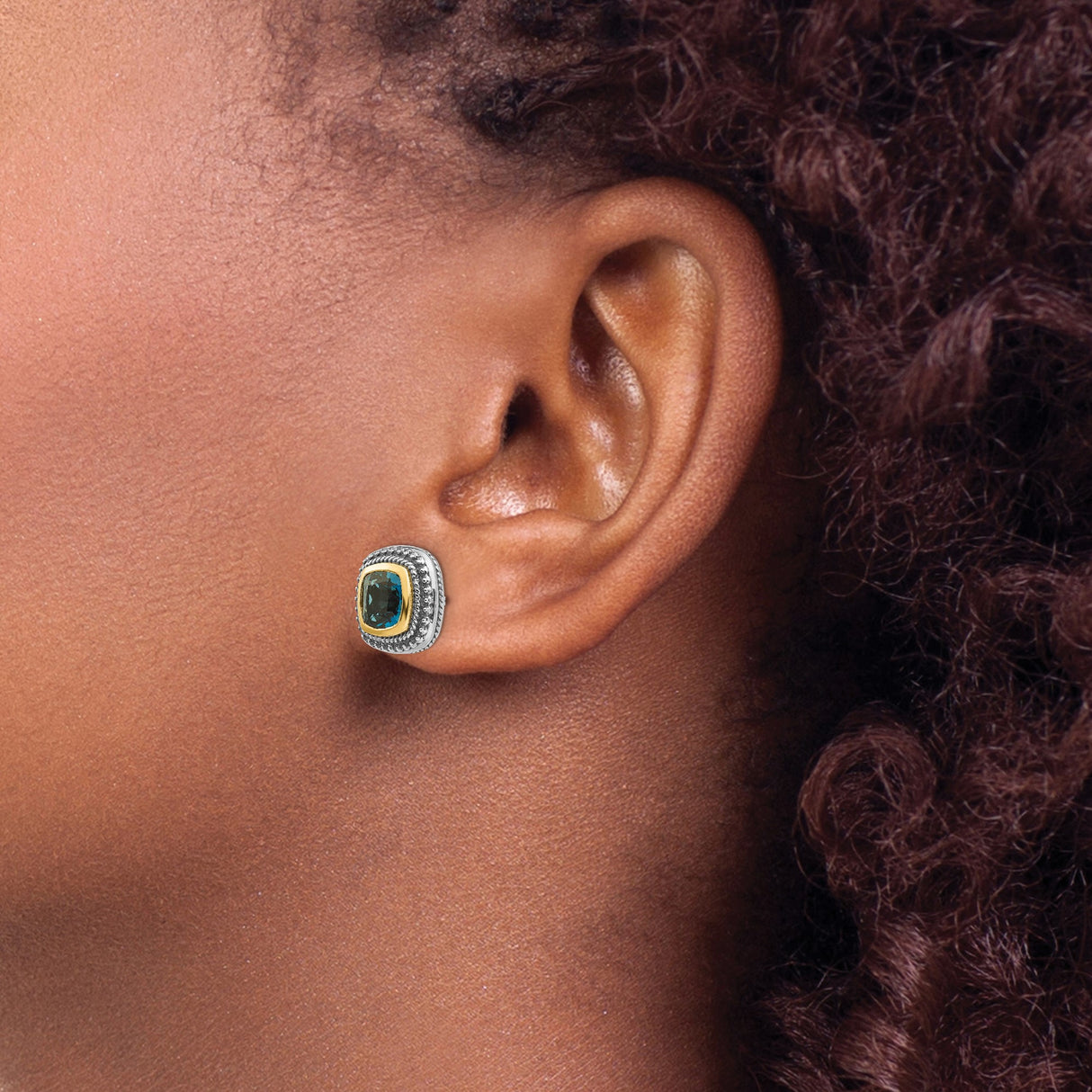 14k Two-Tone Yellow Gold Stud Earrings with London Blue Topaz, Vintage Inspired Border