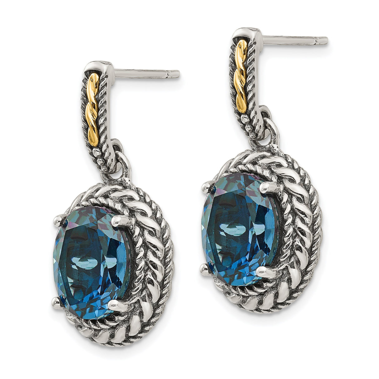 14k Yellow Gold Dangle Earrings with London Blue Topaz, Two-Tone Drop, Rope Detail