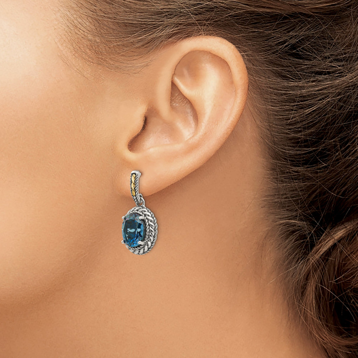 14k Yellow Gold Dangle Earrings with London Blue Topaz, Two-Tone Drop, Rope Detail