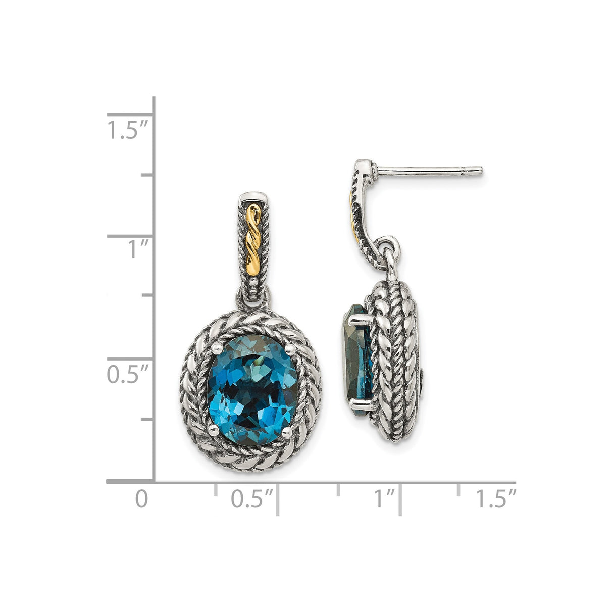 14k Yellow Gold Dangle Earrings with London Blue Topaz, Two-Tone Drop, Rope Detail