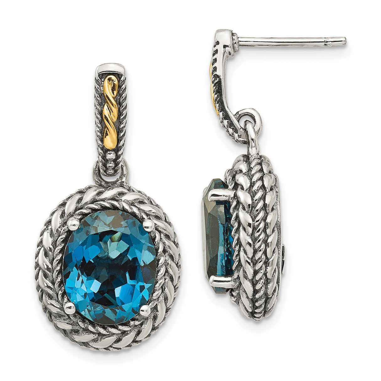 14k Yellow Gold Dangle Earrings with London Blue Topaz, Two-Tone Drop, Rope Detail