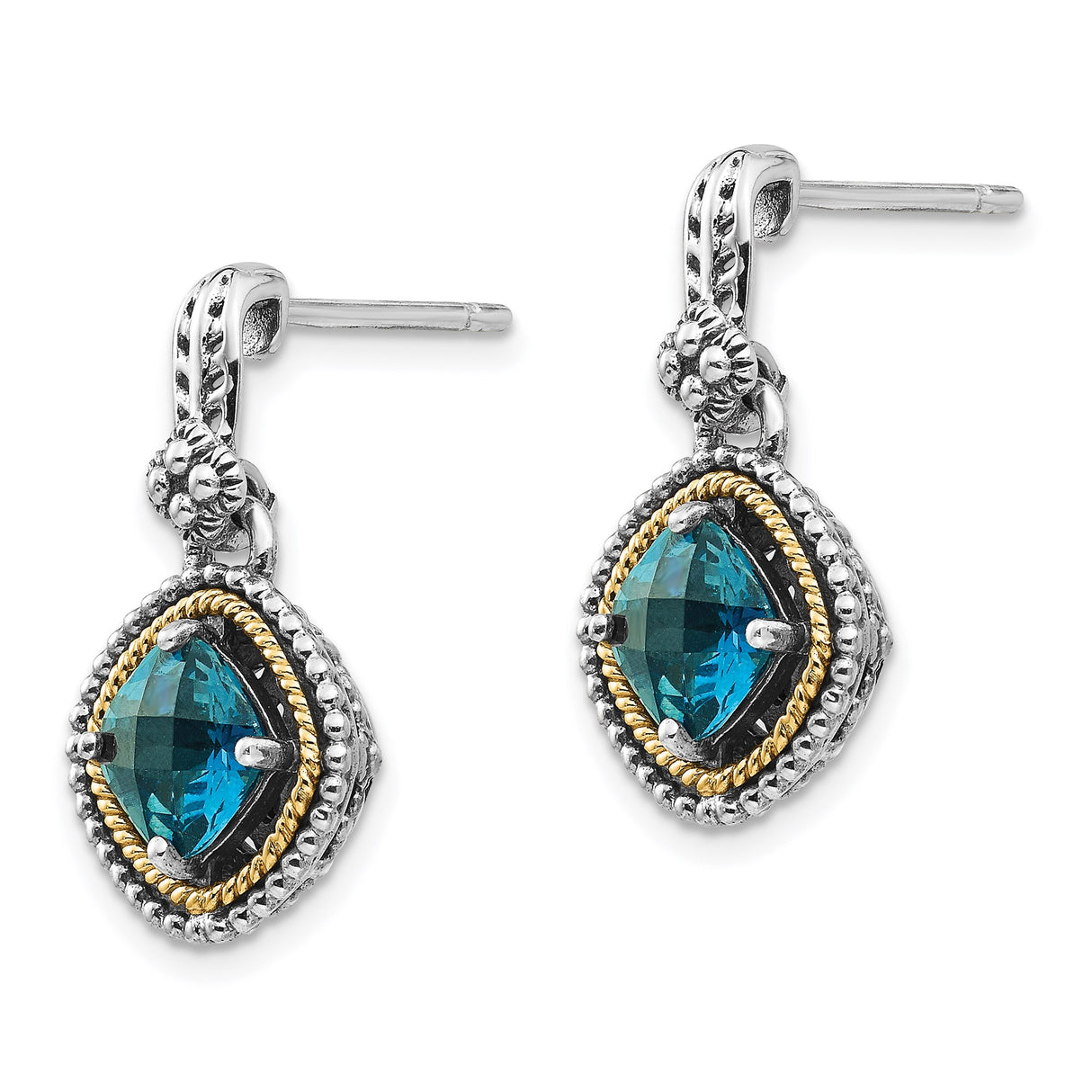 14k Yellow Gold Dangle Earrings with London Blue Topaz, Vintage Rope and Bead Design