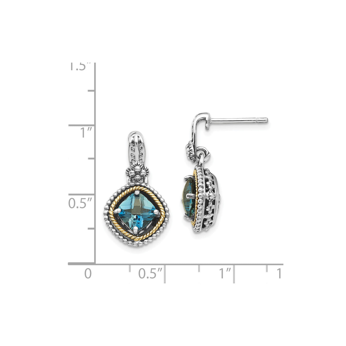 14k Yellow Gold Dangle Earrings with London Blue Topaz, Vintage Rope and Bead Design