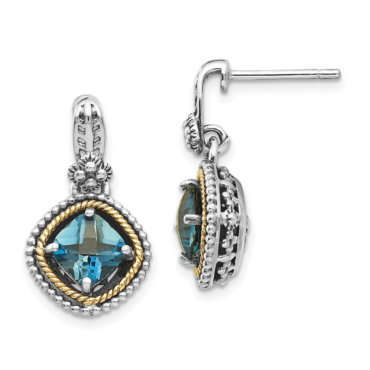 14k Yellow Gold Dangle Earrings with London Blue Topaz, Vintage Rope and Bead Design