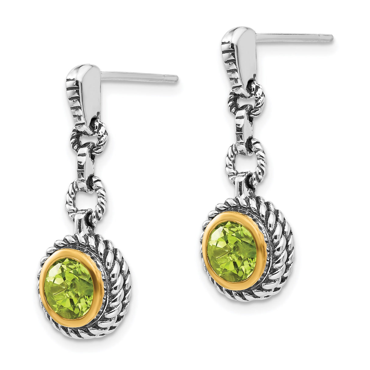Sterling Silver Dangle Earrings with Peridot, Twisted Rope Detail, Two-Tone Gold Accents