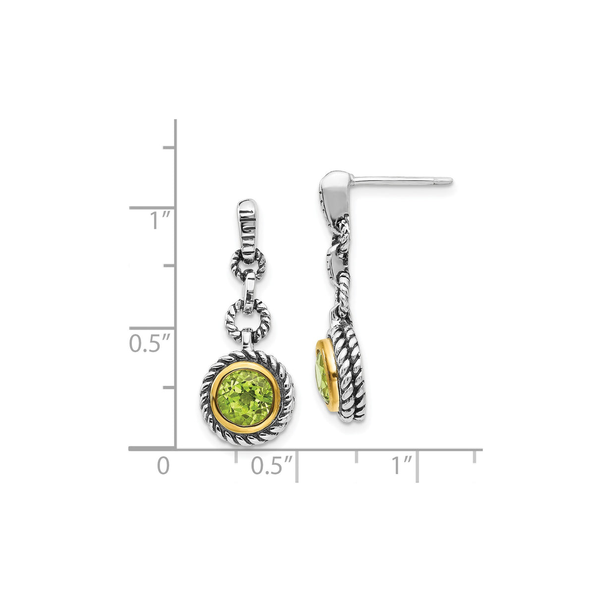 Sterling Silver Dangle Earrings with Peridot, Twisted Rope Detail, Two-Tone Gold Accents