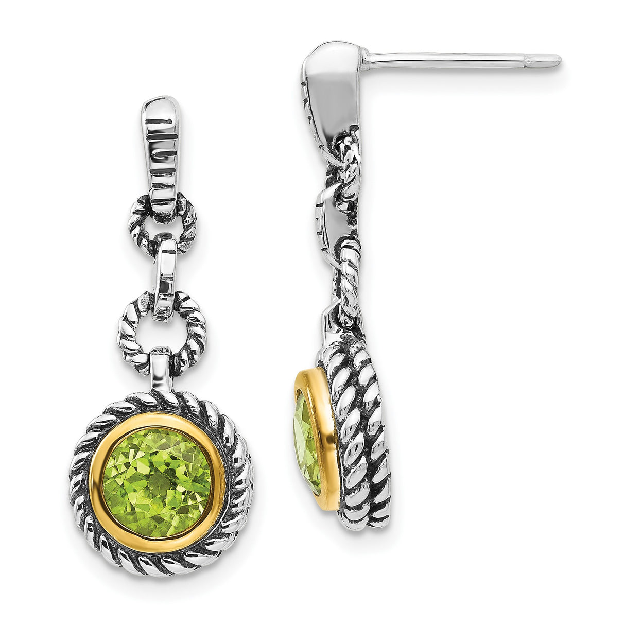Sterling Silver Dangle Earrings with Peridot, Twisted Rope Detail, Two-Tone Gold Accents