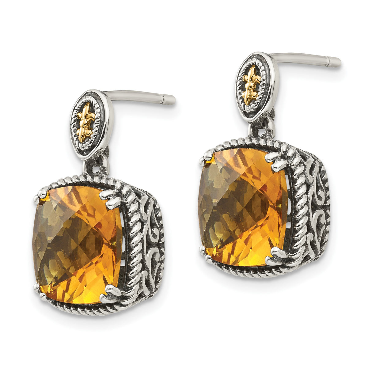 14k Yellow Gold Earrings with Cushion Cut Citrine, Rope Detail, Filigree and Cross Motif