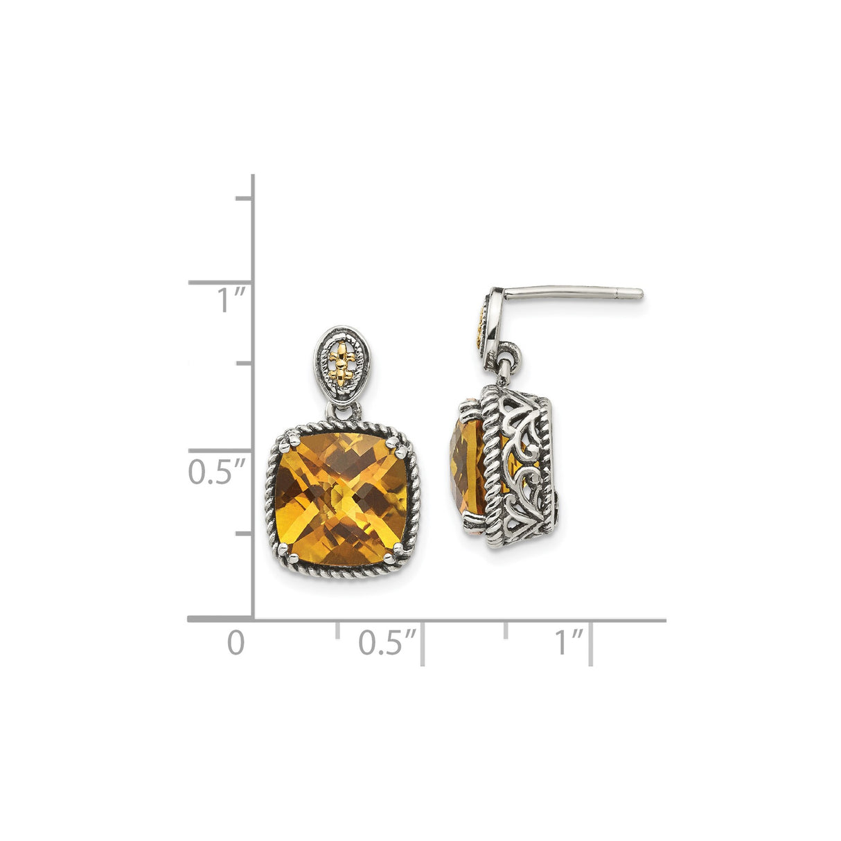 14k Yellow Gold Earrings with Cushion Cut Citrine, Rope Detail, Filigree and Cross Motif