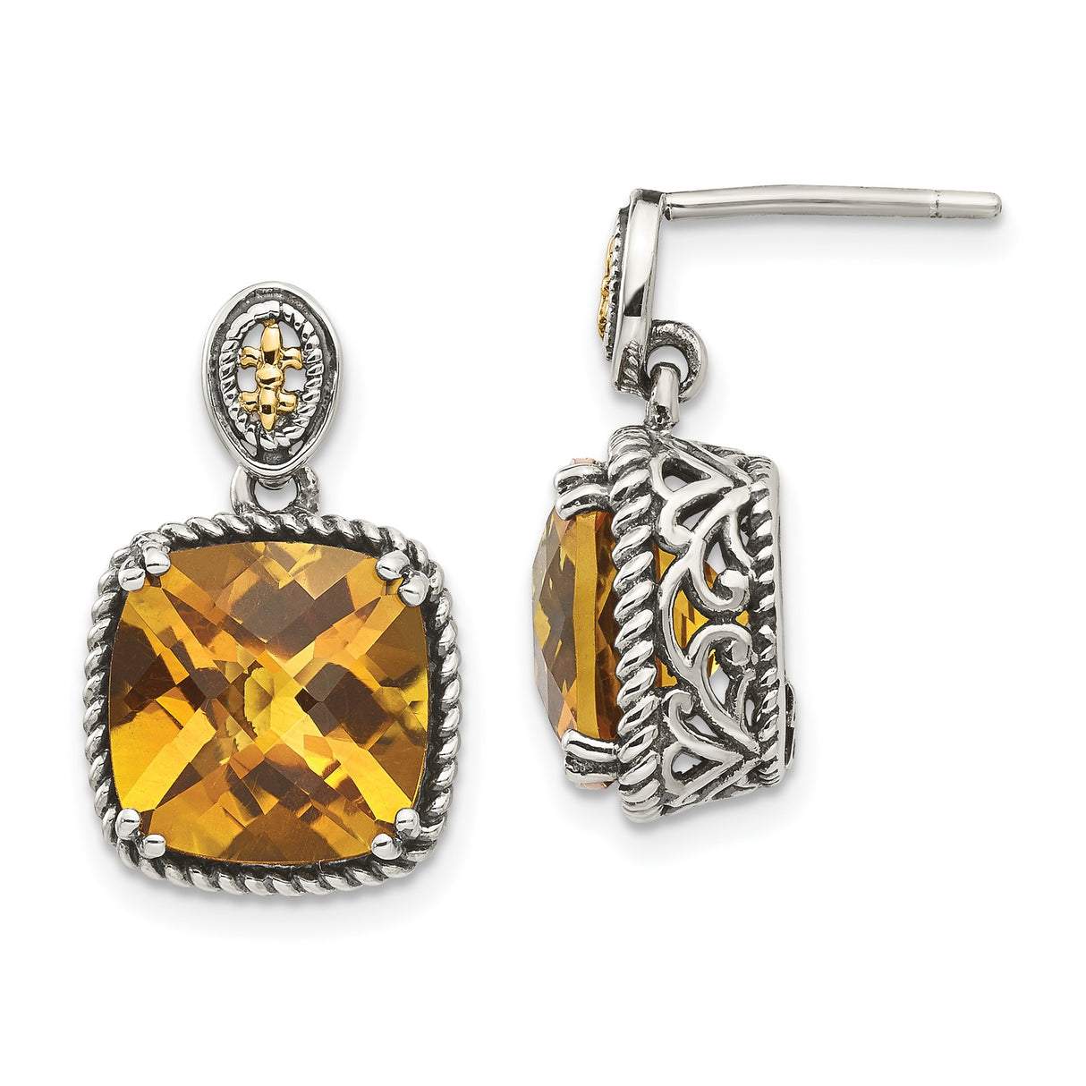 14k Yellow Gold Earrings with Cushion Cut Citrine, Rope Detail, Filigree and Cross Motif