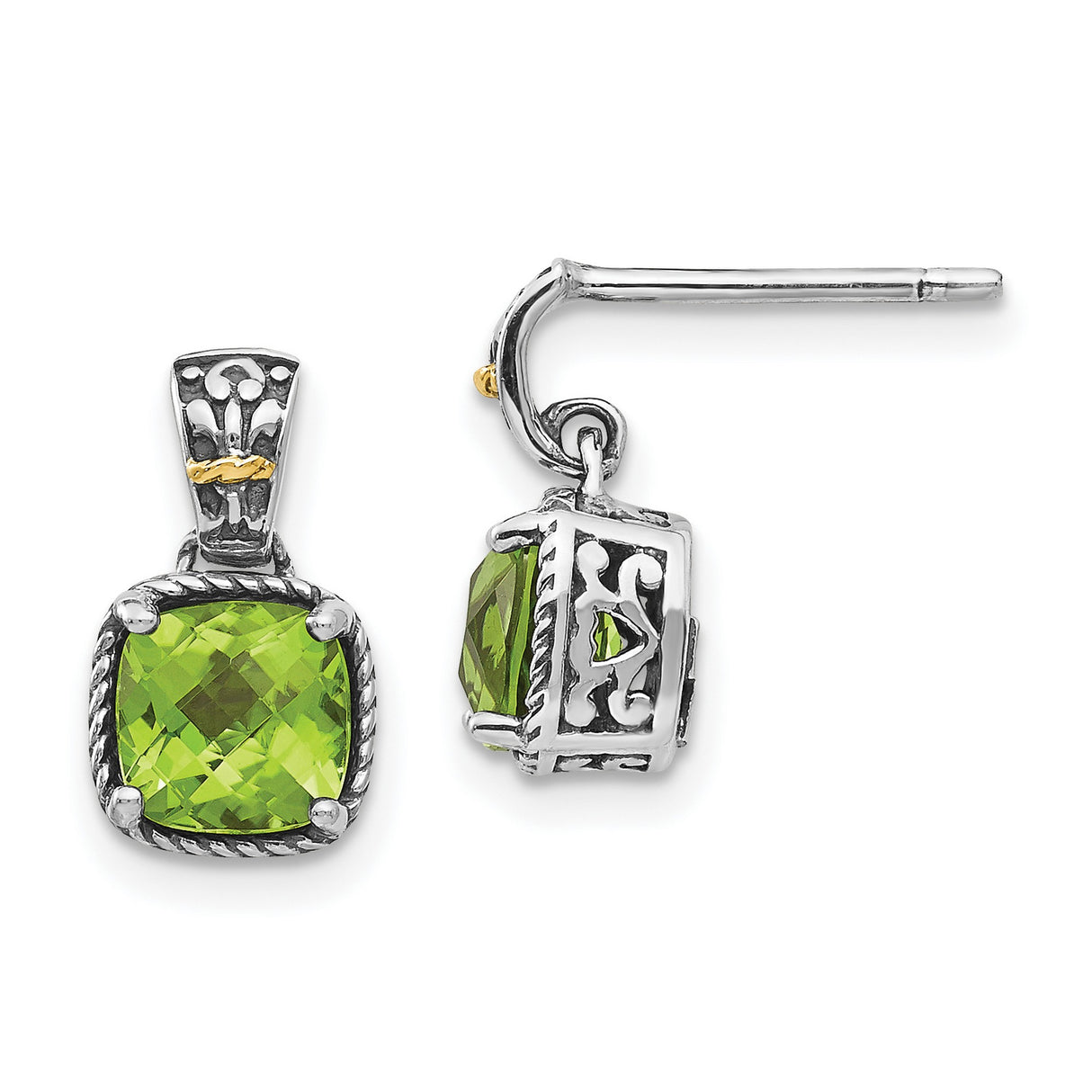 14k Yellow Gold and Sterling Silver Dangle Earrings with Peridot, Filigree Heart and Rope Accents