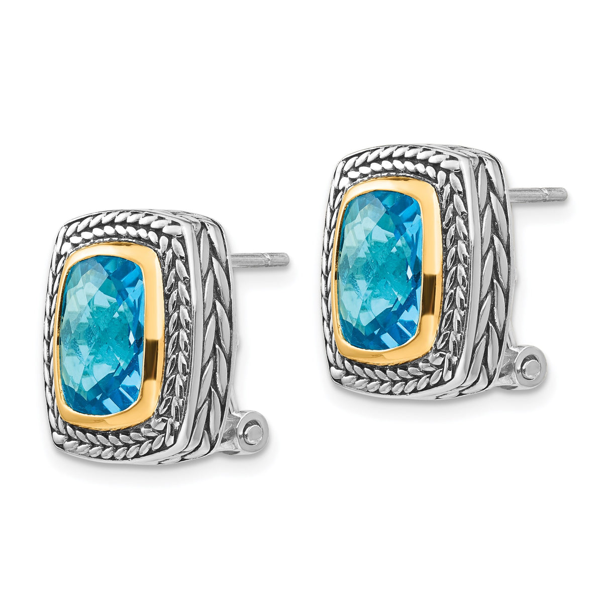 14k Yellow Gold Two Tone Stud Earrings with Cushion Cut Swiss Blue Topaz, Woven Rope Design