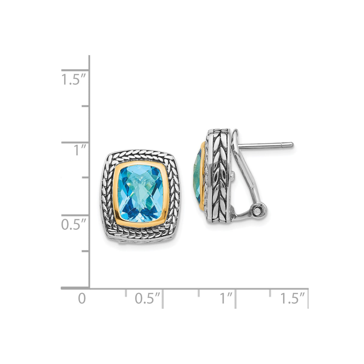 14k Yellow Gold Two Tone Stud Earrings with Cushion Cut Swiss Blue Topaz, Woven Rope Design