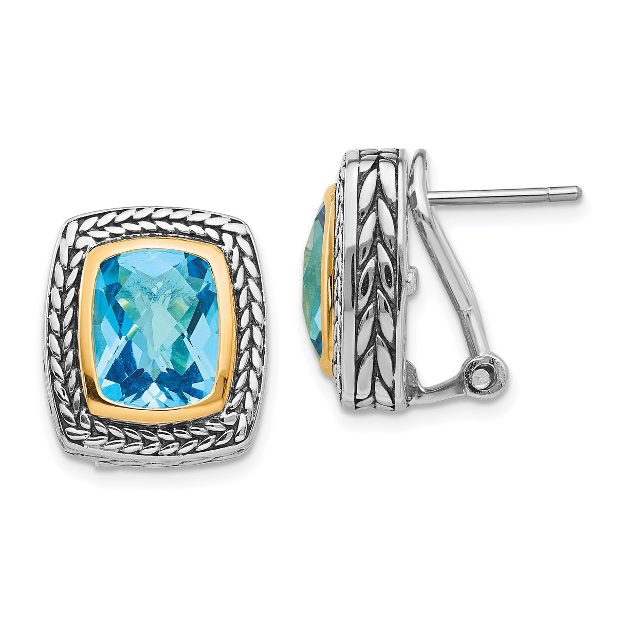 14k Yellow Gold Two Tone Stud Earrings with Cushion Cut Swiss Blue Topaz, Woven Rope Design