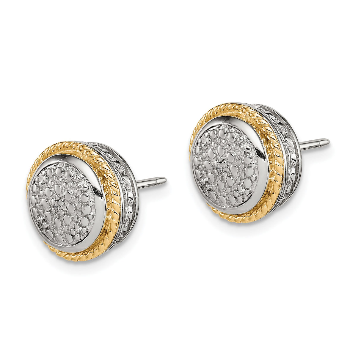 14k Two-Tone Yellow Gold Stud Earrings, Textured Dome with Rope Edge