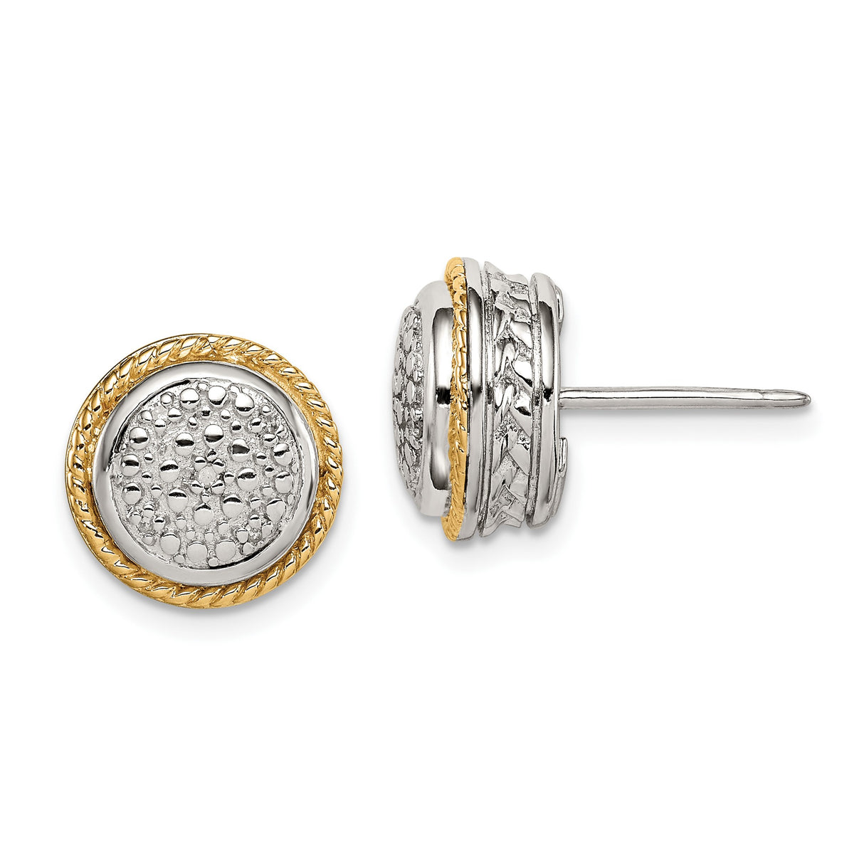 14k Yellow Gold and Sterling Silver Stud Earrings, Textured Dome with Rope Edge