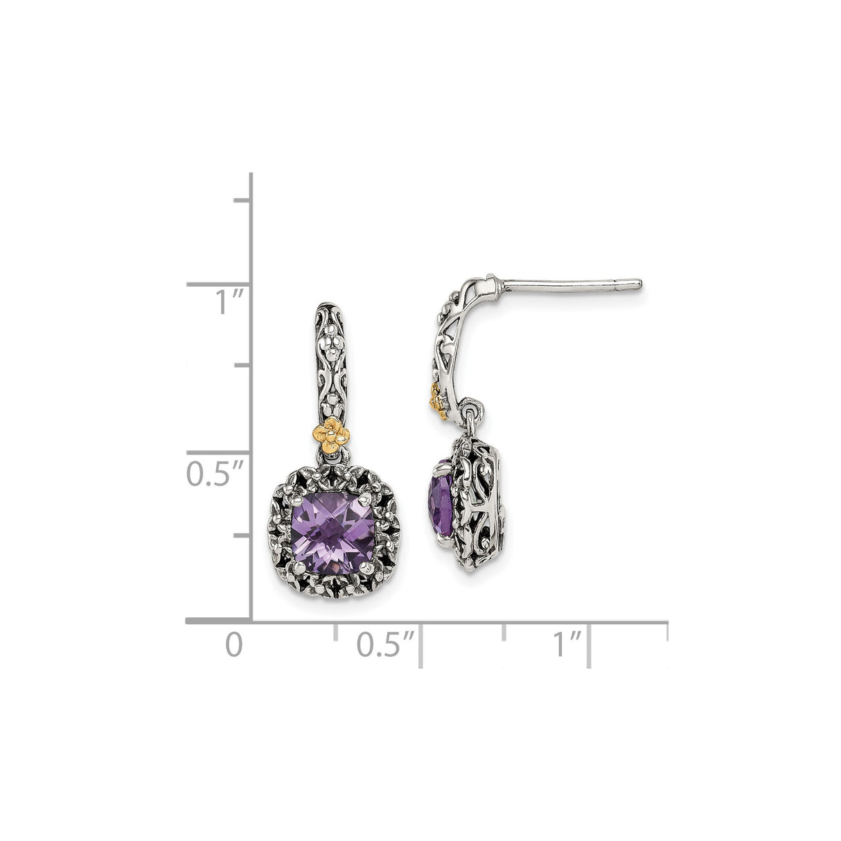 14k Two-Tone Yellow Gold Drop Earrings with Amethyst, Floral Vine Design